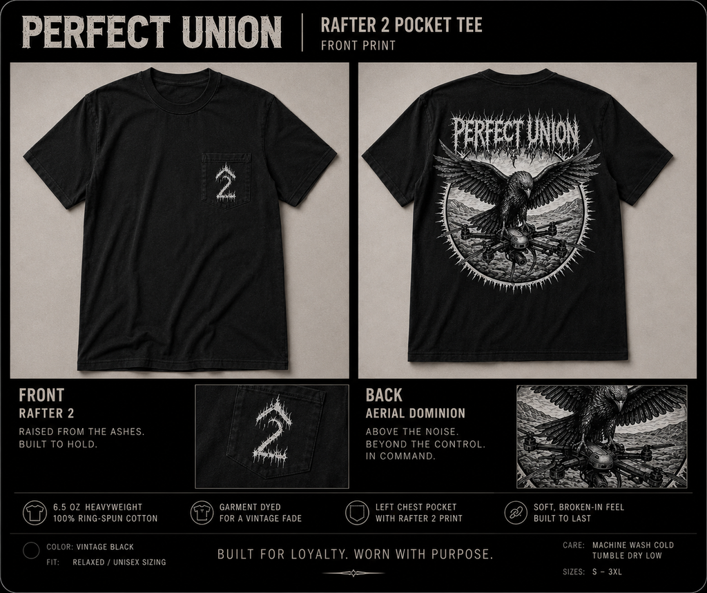Black Perfect Union Rafter 2 Pocket Tee shown from both front and back on a dark gray background, with printed graphics, fabric details, and branding text.