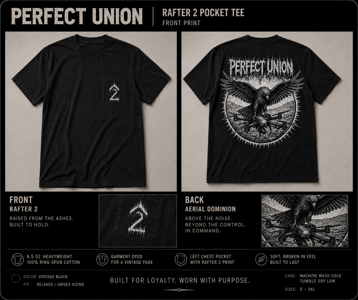 Black Perfect Union Rafter 2 Pocket Tee shown from both front and back on a dark gray background, with printed graphics, fabric details, and branding text.