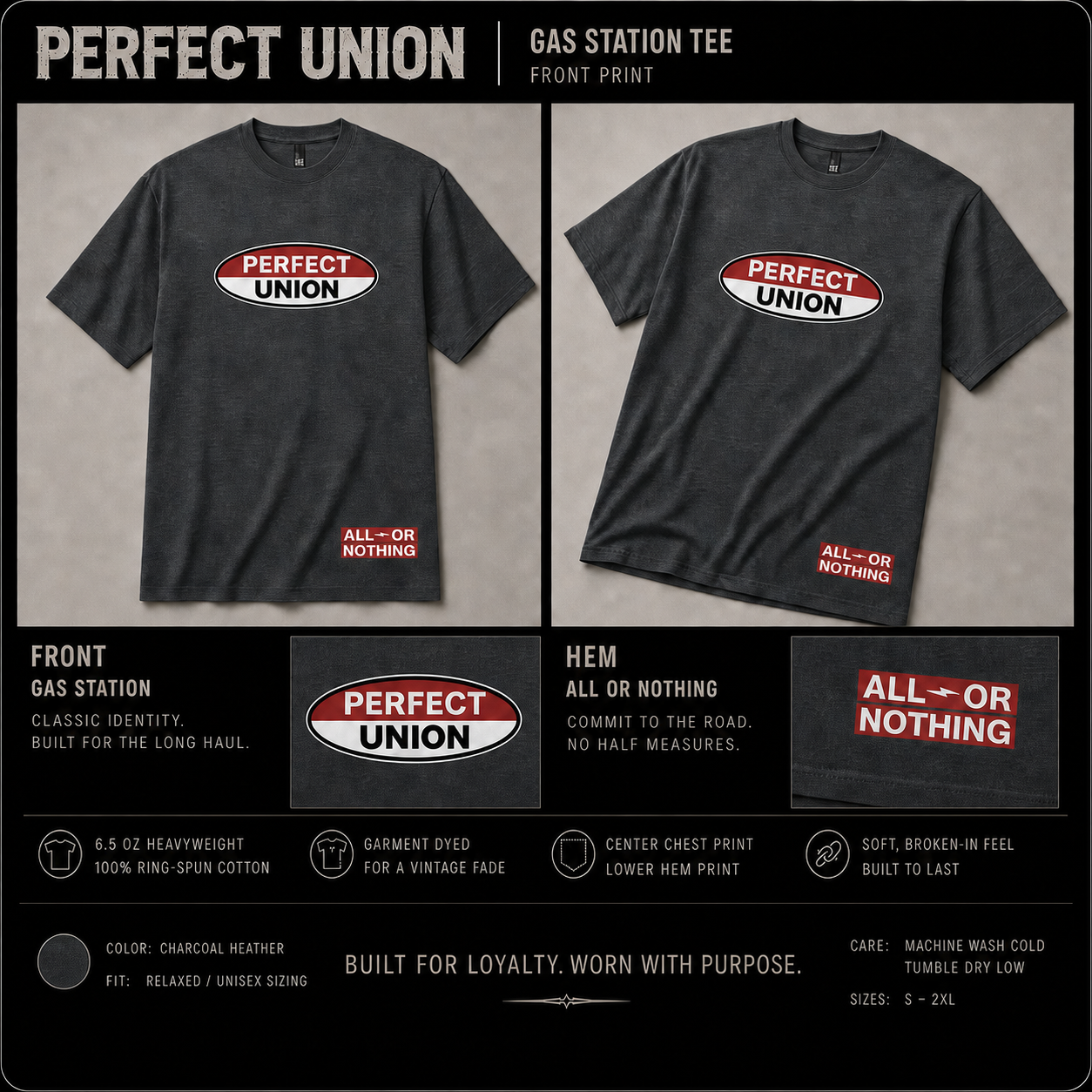 Perfect Union Gas Station Tee product information board showing front shirt mockups, close-up views of the center chest logo and All or Nothing hem print, garment features, charcoal color, heavyweight cotton construction, and care instructions.